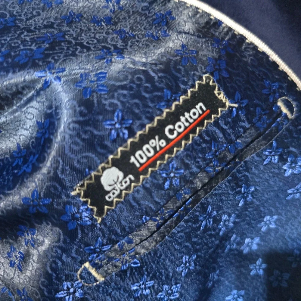 Linea Uomo Velvet Blazer Mens 46L Navy Blue Two Button Floral Lining Long Jacket